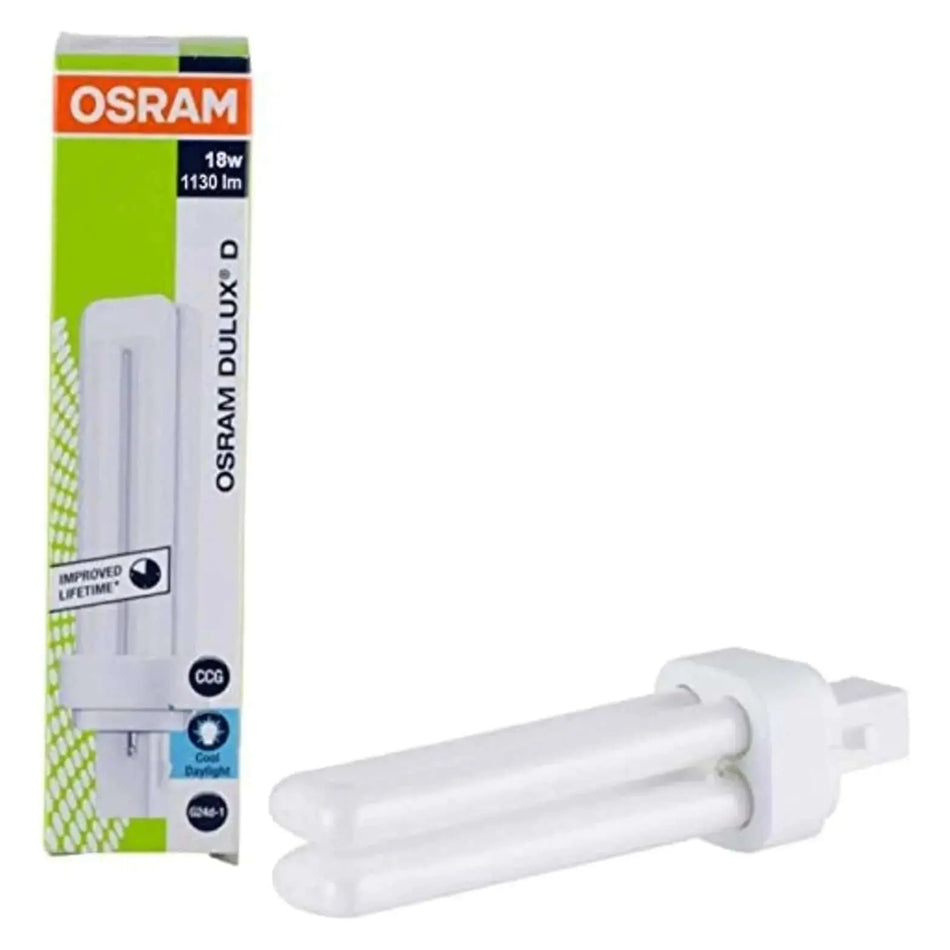 Osram Dulux-D 18W 2Pin G24d-2 CFL lamp 1200lm in packaging; white twin-tube PL lamp visible. UAE