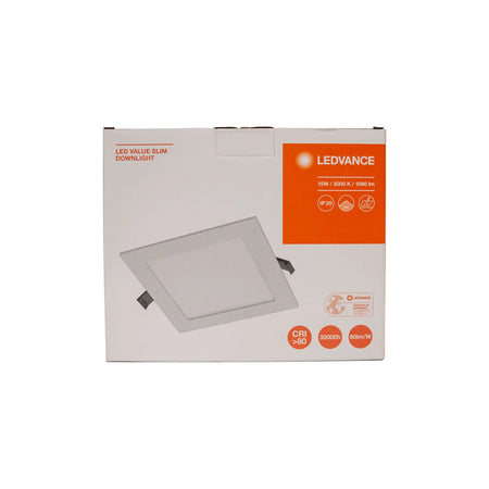 Ledvance LED Square Slim Panel Downlight 15W 3000K 1080 lm packaging front view with orange LEDVANCE logo.
