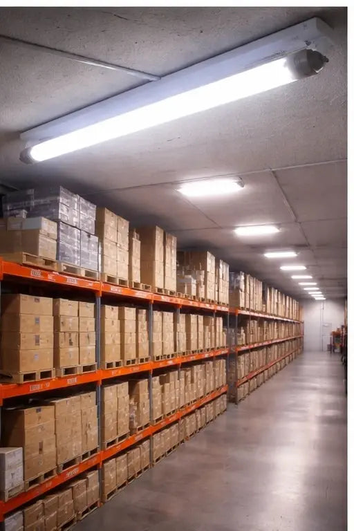 Philips TL-D fluorescent tube 18W (2ft) cool daylight, mounted on a warehouse ceiling among stacked boxes. UAE