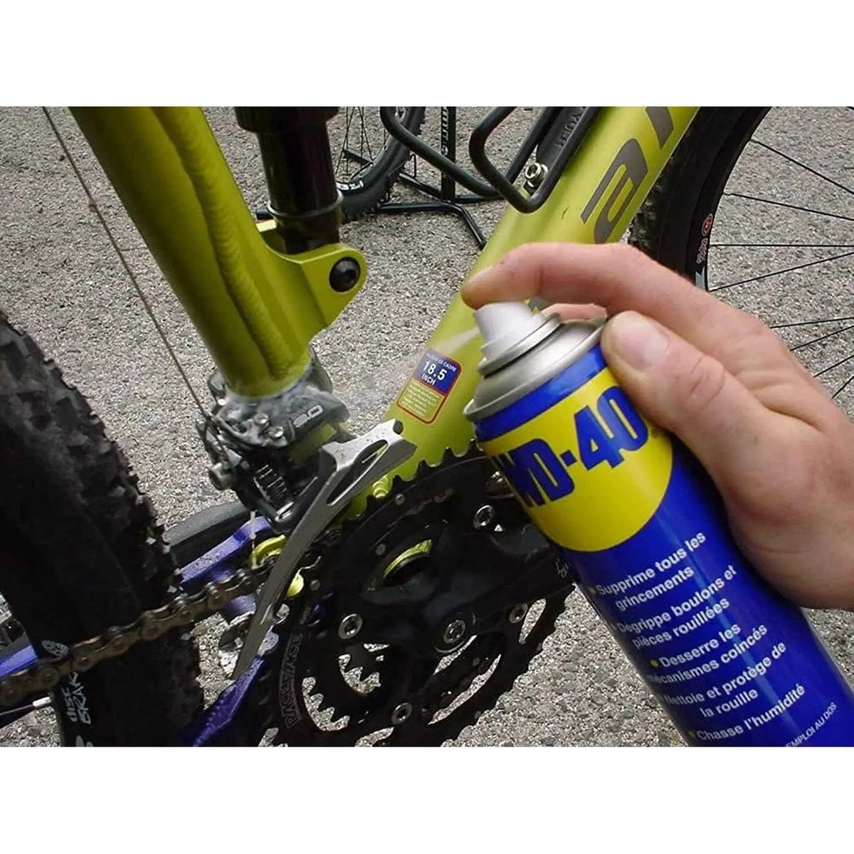 WD-40 Multi-Use Rust Remover spray on bike chain and crank of green bicycle. UAE