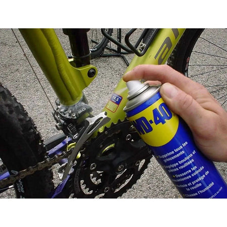 WD-40 Multi-Use Rust Remover spray on bike chain and crank of green bicycle. UAE